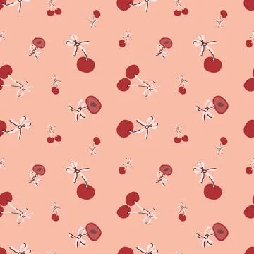 Seamless pattern of red cherries on light peach background Stock Illustration