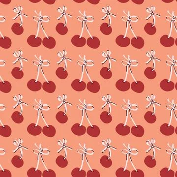 Seamless pattern of red cherries with stems on peach background Illustrazione stock