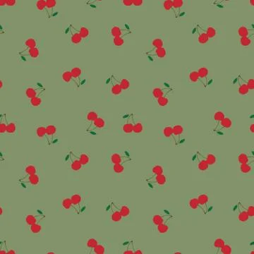 Seamless pattern with the red cherries. sweet red rip cherry berries on green Stock Illustration