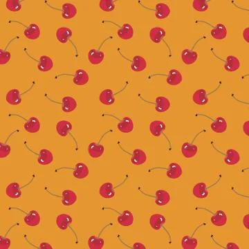 Seamless pattern with the red cherries. sweet red rip cherry berries on orang Stock Illustration