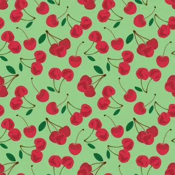 Seamless pattern with the red cherries. sweet red rip cherry berries on green Stock Illustration