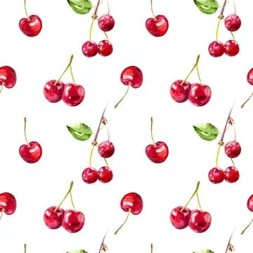 Seamless pattern of red cherries on white background for textiles or wallpapers Stock Illustration