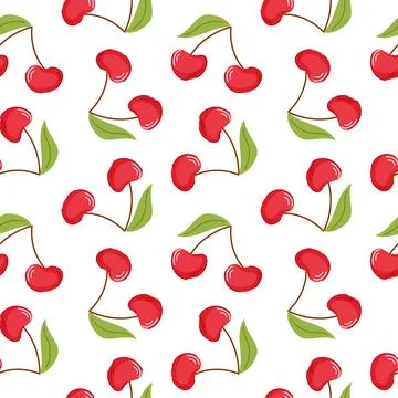Seamless pattern with red cherry and green leaves in flat style. Repeating fruit Illustrazione stock