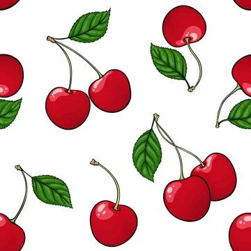 Seamless pattern red cherry with black contour on white background, symbol of Stock Illustration