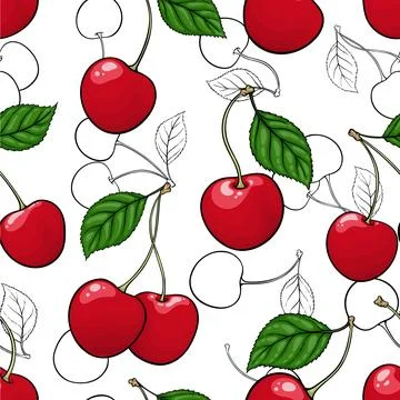Seamless pattern red cherry with black and white outline cherry background,.. Illustrazione stock