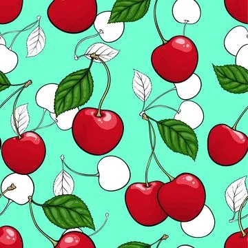 Seamless pattern red cherry with black and white outline cherry background,.. Illustrazione stock