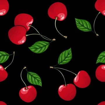 Seamless pattern red cherry with black contour on black background, symbol .. Illustrazione stock