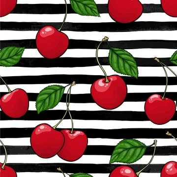 Seamless pattern red cherry with leaf on black and white watercolor stripes.. 스톡 일러스트
