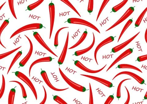Seamless pattern of red chile peppers with hot text on white background - Vector Stock Illustration