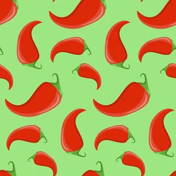 Seamless pattern, red chili jalapeno peppers on a green background, vector fo Stock Illustration
