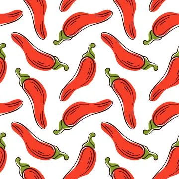 Seamless pattern of red chili pepper in flat style on white background. Ideal Stock Illustration