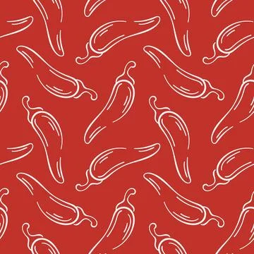 Seamless pattern of red chili pepper in line art style on red background Stock Illustration