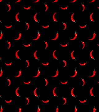 Seamless pattern of red chili peppers with green tails on black background. Stock Illustration