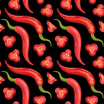 A seamless pattern of red chili peppers with glossy surfaces, vivid scarlet hues Stock Illustration