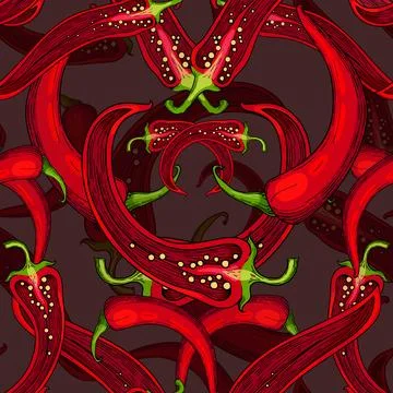 Seamless pattern with red chili peppers on a dark background. Stock Illustration