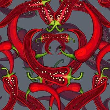 Seamless pattern with red chili peppers hand-drawn illustration featuring spicy Stock Illustration