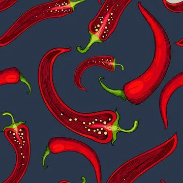 Seamless pattern with red chili peppers hand-drawn illustration featuring spicy Stock Illustration