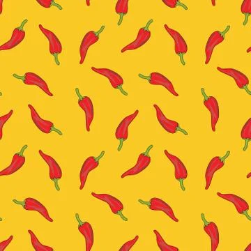 Seamless pattern with red chillies or pepper on a yellow background. Stock Illustration