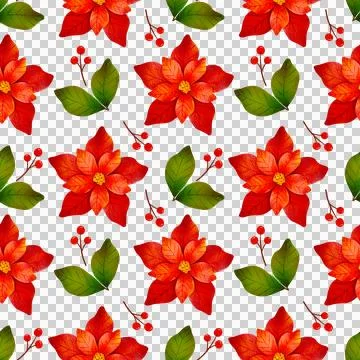 Seamless pattern with red Christmas flowers and winter berries. Illustrazione stock