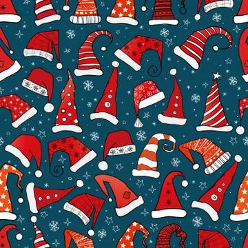 Seamless pattern with red Christmas Santa hats on dark blue background. Vecto Stock Illustration