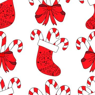 Seamless pattern red Christmas sock with various ornaments, curls and swirls  Stock Illustration