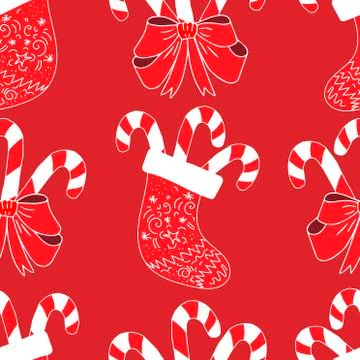 Seamless pattern red Christmas sock with various ornaments, curls and swirls  Stock Illustration