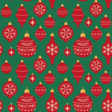 Seamless pattern red Christmas tree toys on green background. Collection diff Stock Illustration