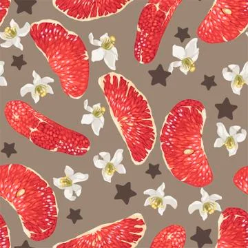 Seamless pattern with red citrus fruit slices, flowers and stars in vector Stock Illustration