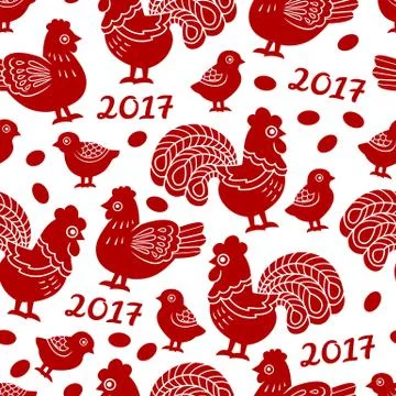 Seamless pattern with red cock, rooster - symbol of New Year 2017 Illustrazione stock