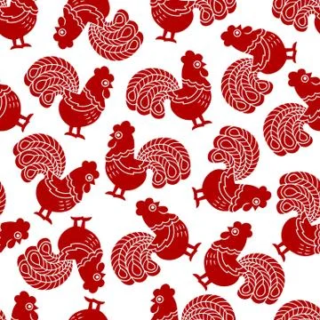 Seamless pattern with red cock, rooster - symbol of New Year 2017 Stock Illustration
