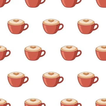 Seamless pattern with red coffee cups and latte art hearts on a white backg.. Stock Illustration