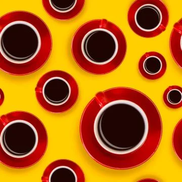Seamless pattern with red coffee cups and a saucer on a yellow background Stock Photos