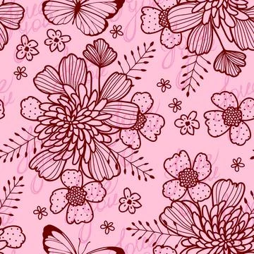 Seamless pattern with red contour stylized flowers and butterflies on a pink  Stock Illustration