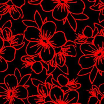 Seamless pattern of red contours of flowers on a black background, texture Stock Illustration