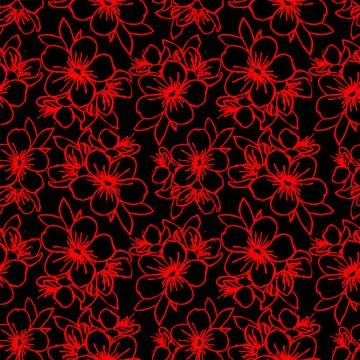 Seamless pattern of red contours of flowers on a black background, texture,.. Stock Illustration