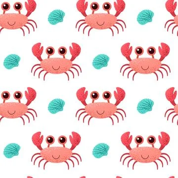 Seamless pattern with red crab and shell on white backdrop. Stock Illustration