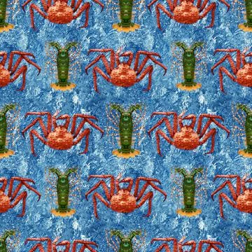 Seamless pattern of red crabs with green lobsters against the blue water Stock Photos