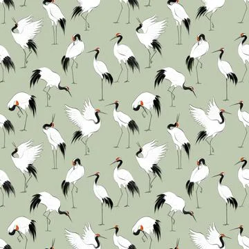 Seamless pattern with red-crowned japanese cranes in oriental style. Can be used Illustrazione stock