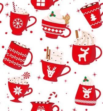 Seamless pattern. Red cup with a hot drink. Christmas cute card. Vector illus Stock Illustration