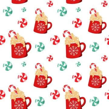 Seamless pattern. Red cup with a hot drink. Christmas cute card. Vector ill.. Illustrazione stock