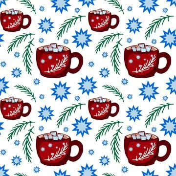 Seamless pattern with Red cup, mug, cocoa, marshmallows, twigs and snowflakes Stock Illustration