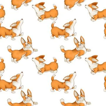 Seamless pattern with red cute dogs. Corgi puppies on a white background. Stock Illustration