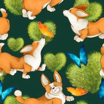Seamless pattern with red cute dogs. Corgi puppies on a green background Stock Illustration