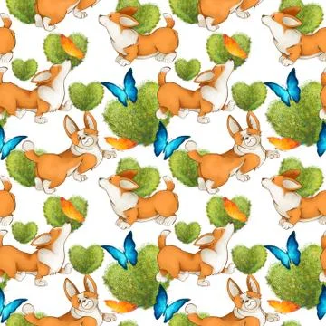 Seamless pattern with red cute dogs. Corgi puppies on a white background Stock Illustration