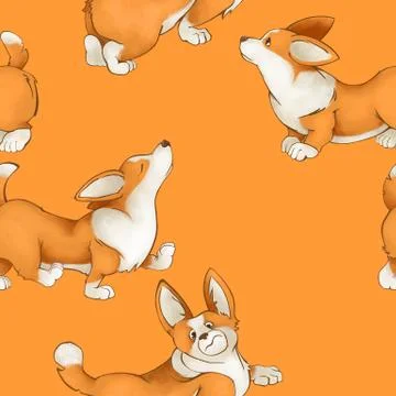 Seamless pattern with red cute dogs. Corgi puppies on a yellow background. Stock Illustration