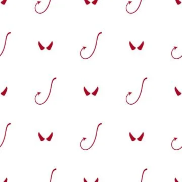 Seamless pattern with red devil tails and horns on white background. Vector. Stock Illustration