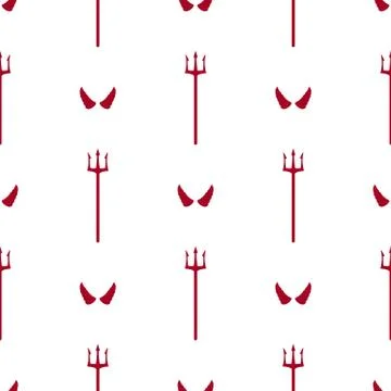 Seamless pattern with red devil tridents and horns on white background. Vector. Stock Illustration