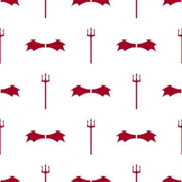 Seamless pattern with red devil wings and tridents on white background. Vector. Stock Illustration