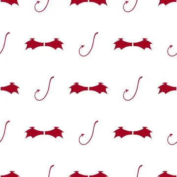 Seamless pattern with red devil wings and tail on white background. Vector. Stock Illustration
