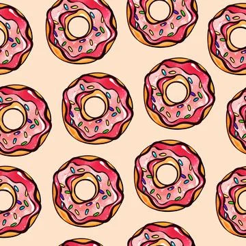 Seamless pattern of red donuts on a beige background. Confectionery sweets top Stock Illustration